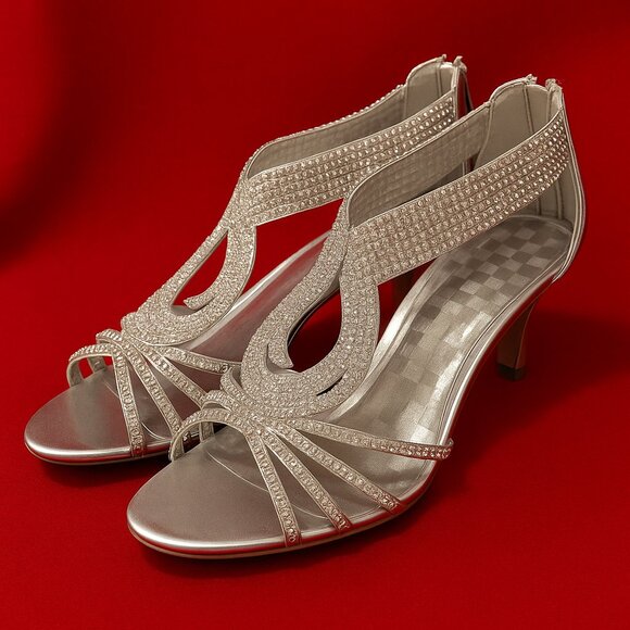 Delicacy Women’s Silver Rhinestone Slingback Heels–Size 10–Sparkly Dress Shoes - Picture 1 of 5